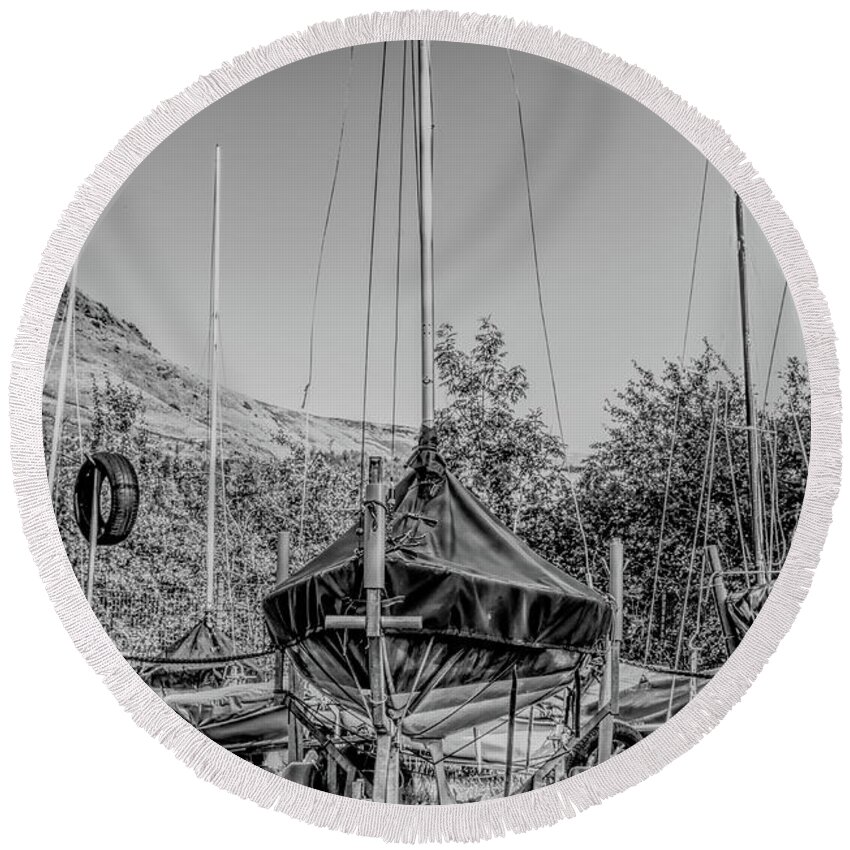  Dove Stone Reservoir Round Beach Towel featuring the photograph Monochrome, Boatyard-Dove Stones by Pics By Tony