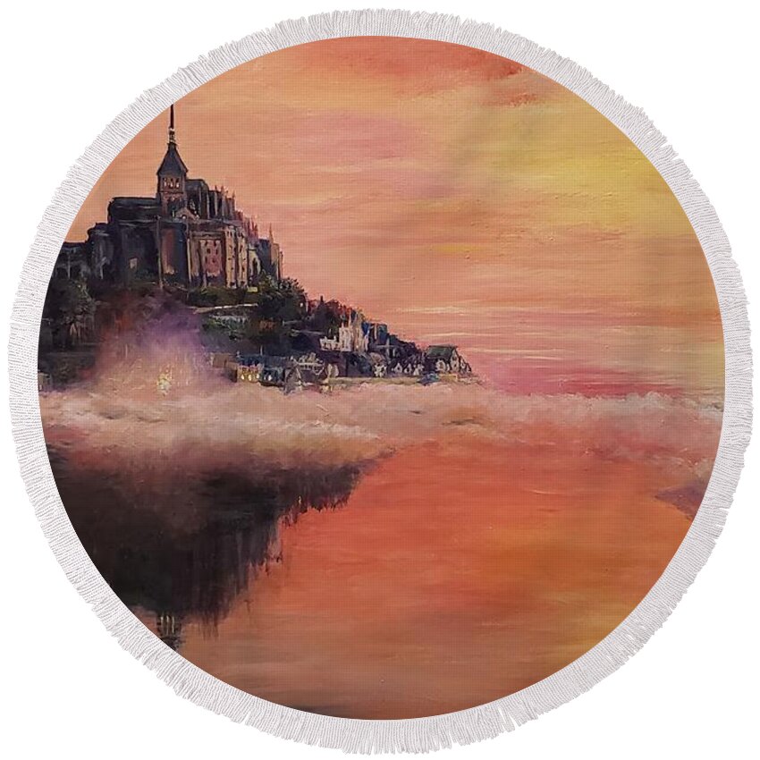 Sunset Round Beach Towel featuring the painting Mont St. Michel by Merana Cadorette