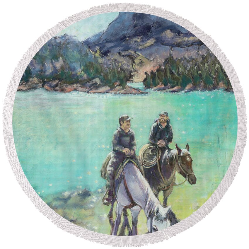 Montana Round Beach Towel featuring the painting Montana on Horseback by PJ Kirk