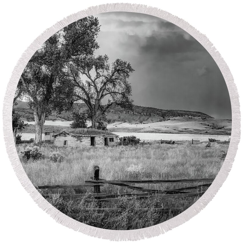  Round Beach Towel featuring the photograph Montana Sod Home, Black and White by Marcy Wielfaert
