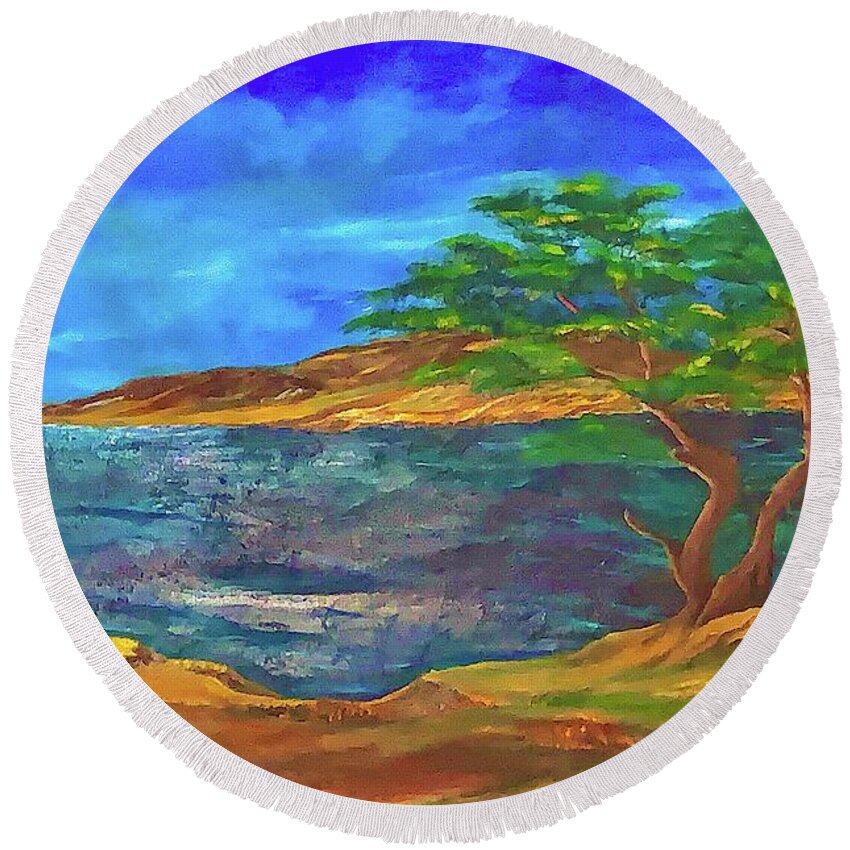 Monterey Cypress Round Beach Towel featuring the painting Monterey Bay by Michael Silbaugh