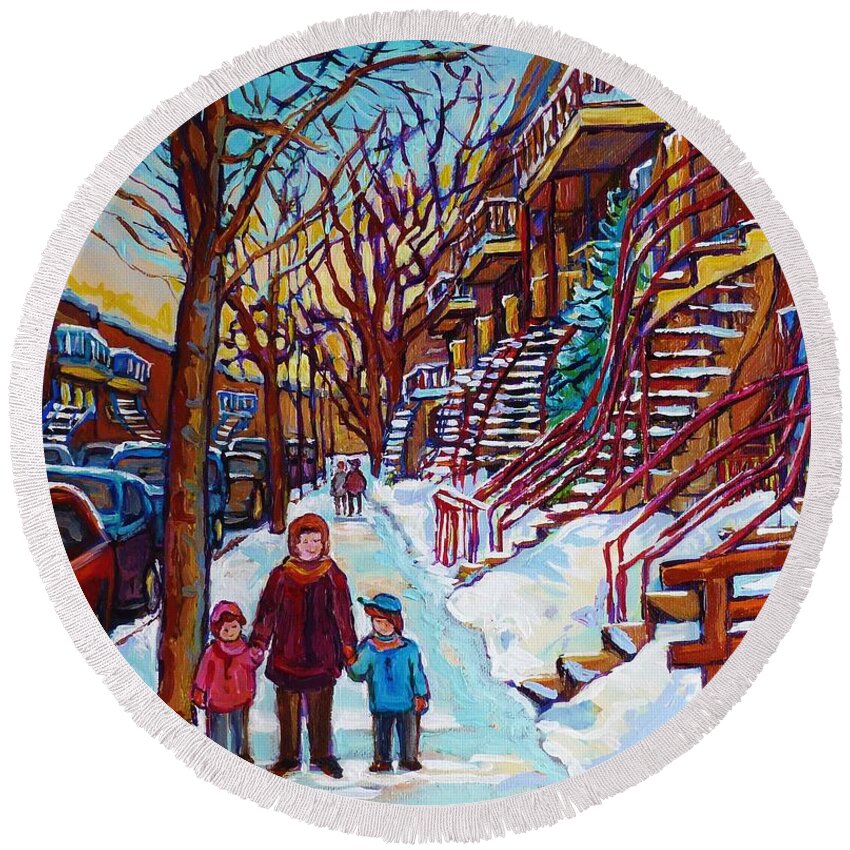 Montreal Round Beach Towel featuring the painting Montreal Paintings Staircase Scenes For Sale Winter Stroll Verdun To Plateau Mont Royal Winter Scene by Carole Spandau