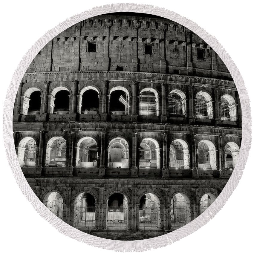 Colosseum Round Beach Towel featuring the photograph Monumental Colosseum Facade At Night by Artur Bogacki