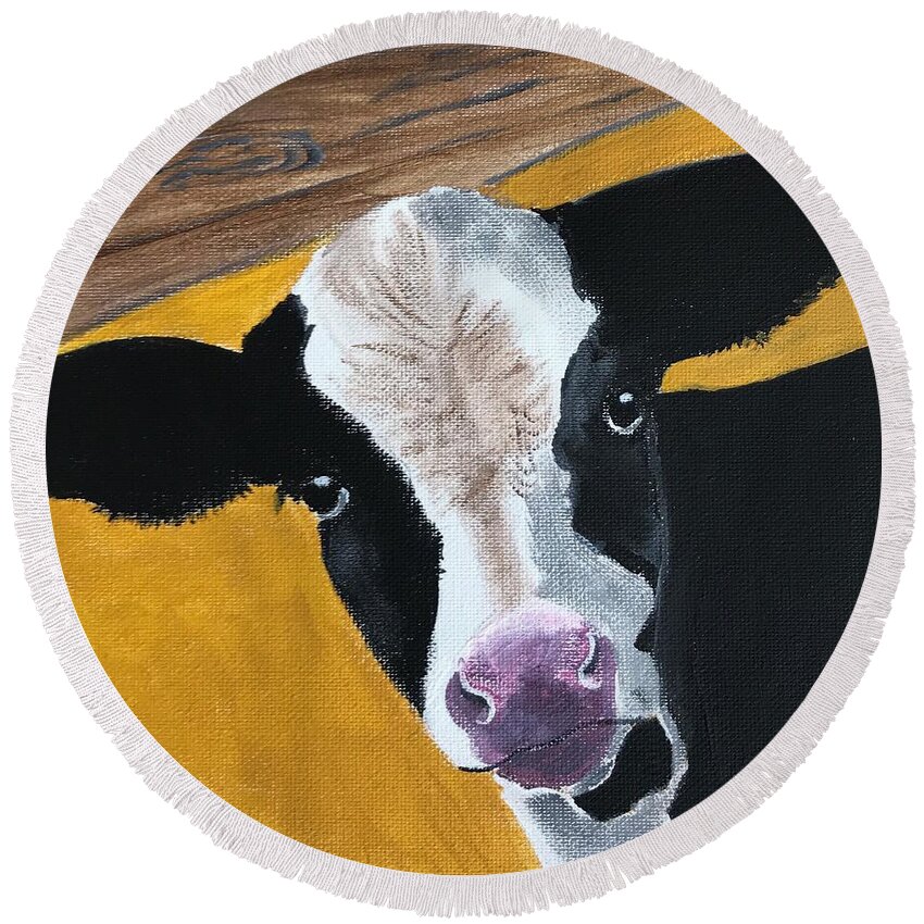 Pets Round Beach Towel featuring the painting Moo Cow by Kathie Camara