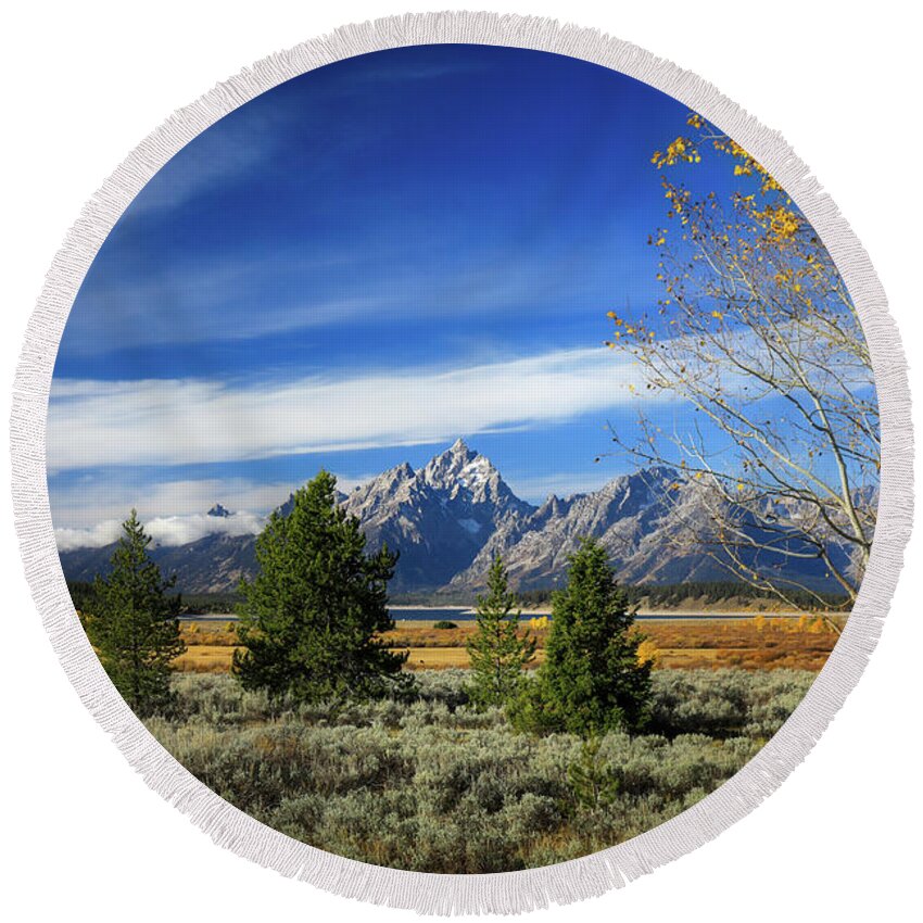 Beautiful Autumn Landscape In Grand Teton National Park Round Beach Towel featuring the photograph Moody Autumn Morning In Grand Teton National Park by Dan Sproul