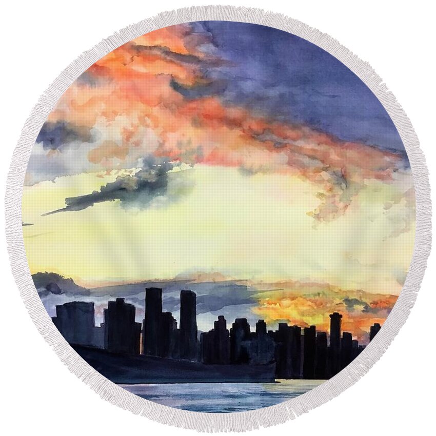 Vancouver Skyline Round Beach Towel featuring the painting Moody Blues by Sonia Mocnik