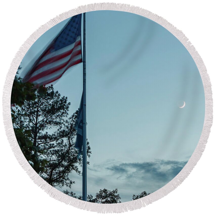 2010 Round Beach Towel featuring the photograph Moon and Venus with Flag by Greg Booher