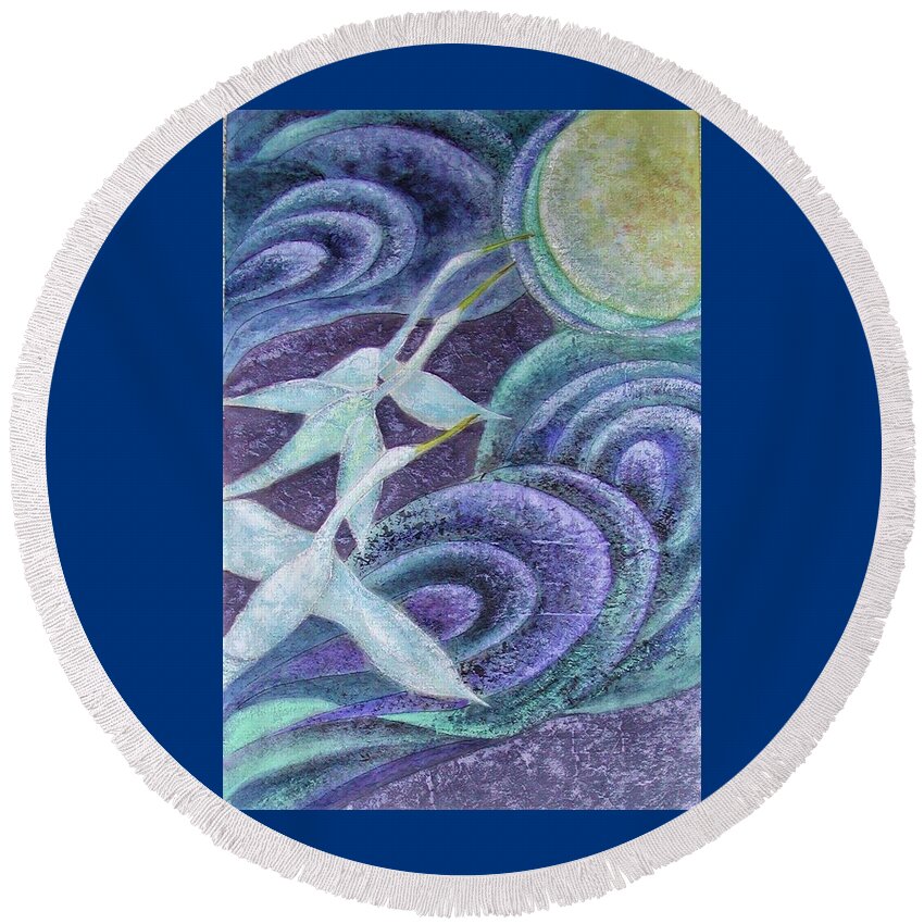 Cranes Round Beach Towel featuring the painting Moon Birds by Vina Yang