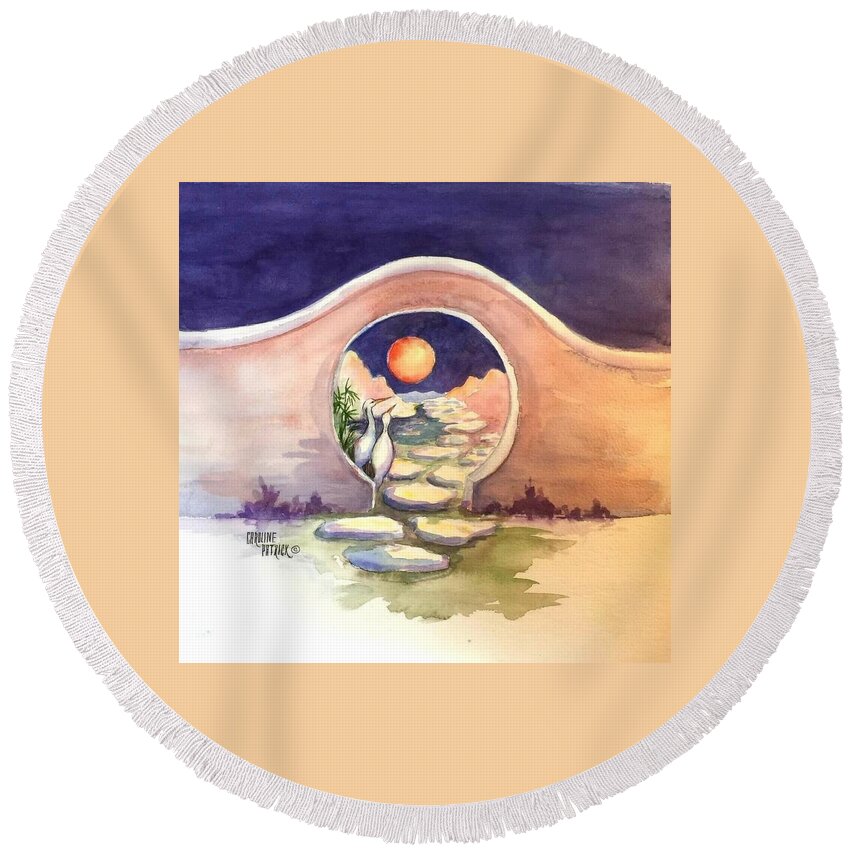 Cranes Moon Gate Earth Round Beach Towel featuring the painting Moon Gate and Cranes by Caroline Patrick