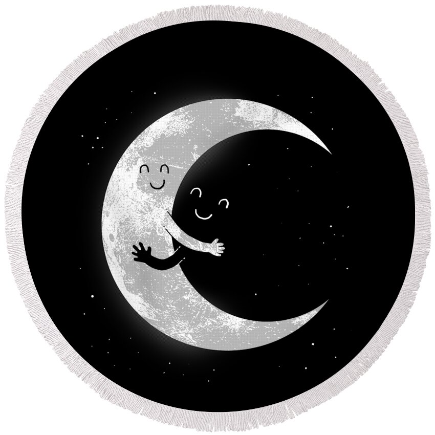 Moon Hug Space Smile Humor Cartoon Stars Silhouette Black And White Bw Hug Love Round Beach Towel featuring the digital art Moon Hug by Digital Carbine