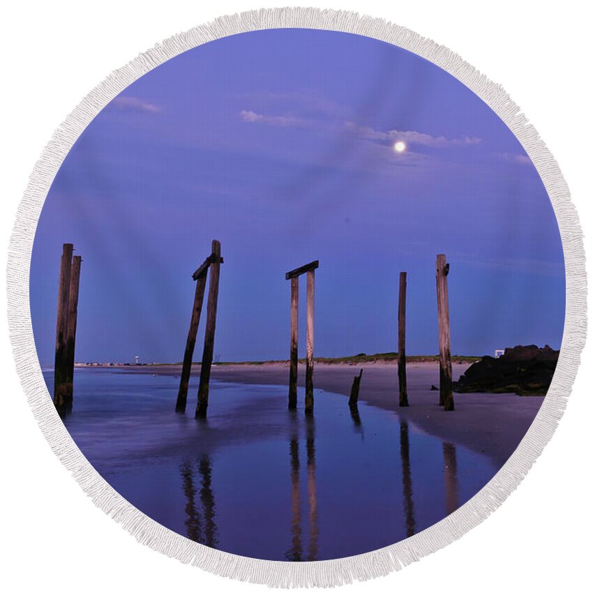 59th Pier Round Beach Towel featuring the photograph Moon Light Piers by Louis Dallara