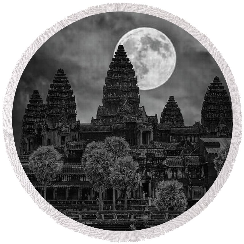 Cambodia Round Beach Towel featuring the photograph Moon Over Angkor Wat Temples Black White by Chuck Kuhn