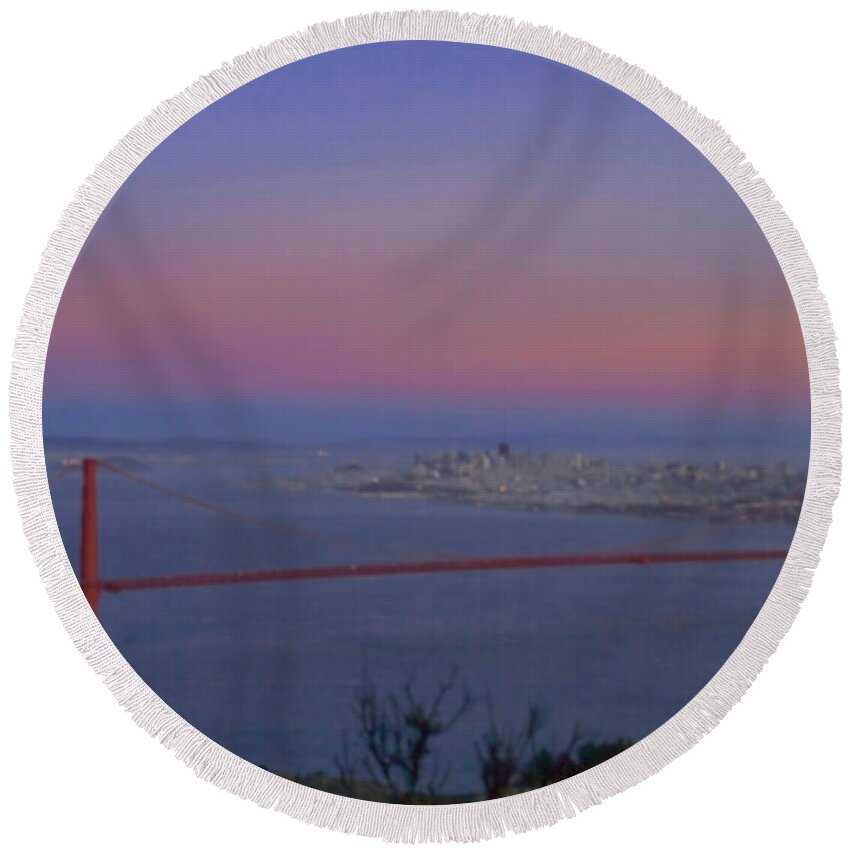 The Buena Vista Round Beach Towel featuring the photograph Moon Over The Golden Gate by Tom Singleton