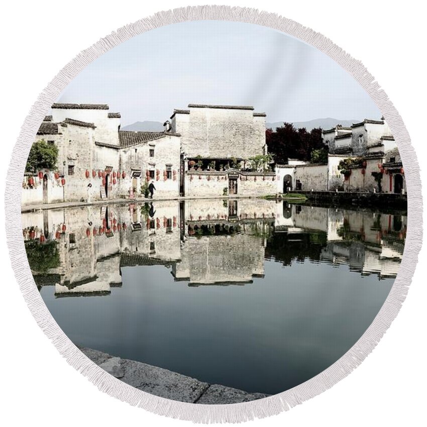 Moon Pond Round Beach Towel featuring the photograph Moon Pond In Hong Village 4 by Mingming Jiang