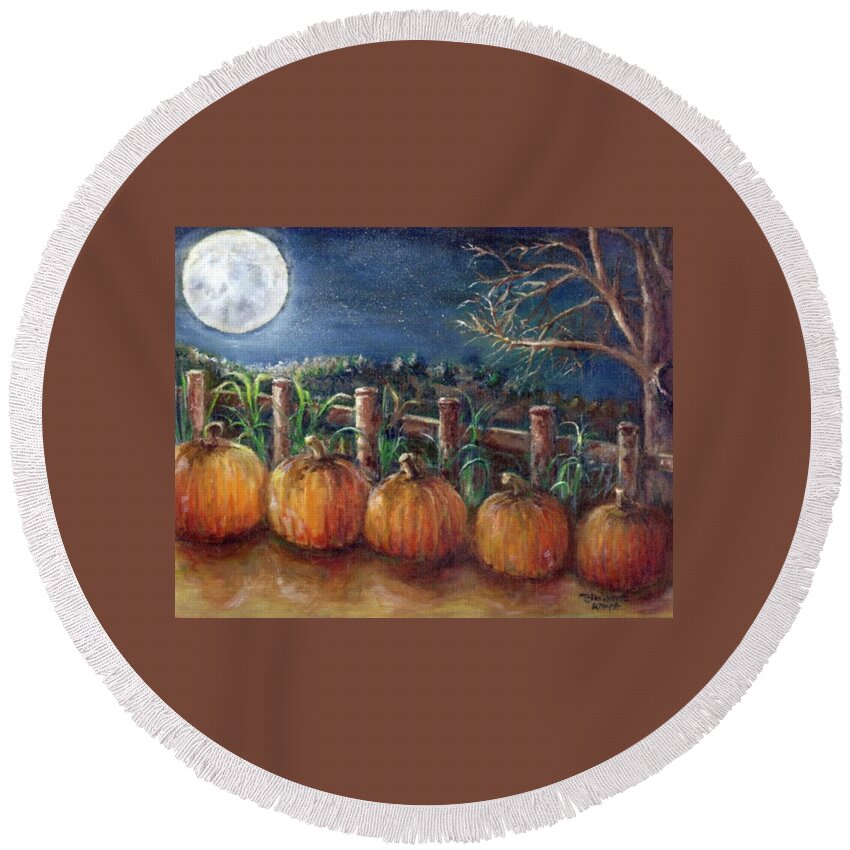 Moon Round Beach Towel featuring the painting Moon Pumpkin Harvest by Bernadette Krupa