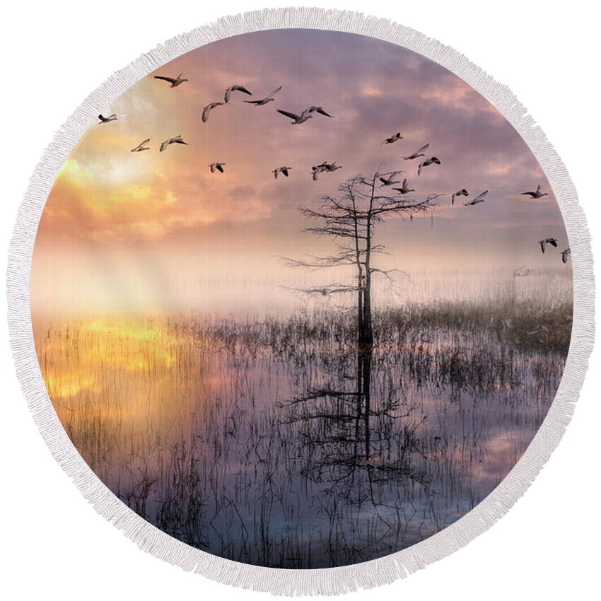 Birds Round Beach Towel featuring the photograph Moon Rise Flight by Debra and Dave Vanderlaan
