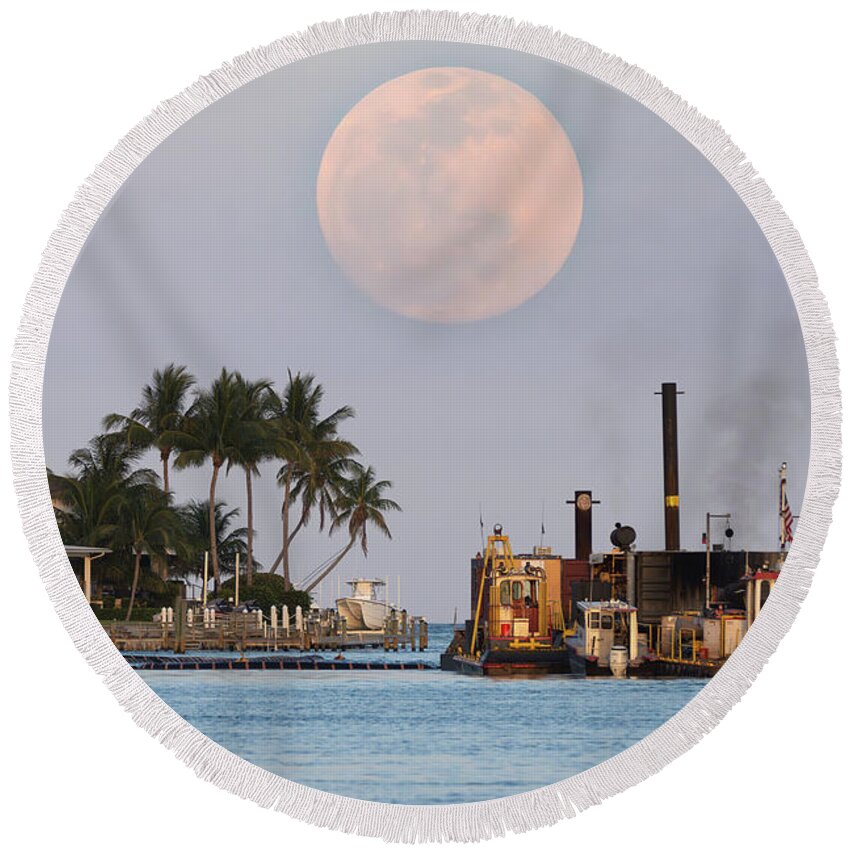 Determination Round Beach Towel featuring the photograph Moon Rise Jupiter Inlet and Pump Barge by Kim Seng