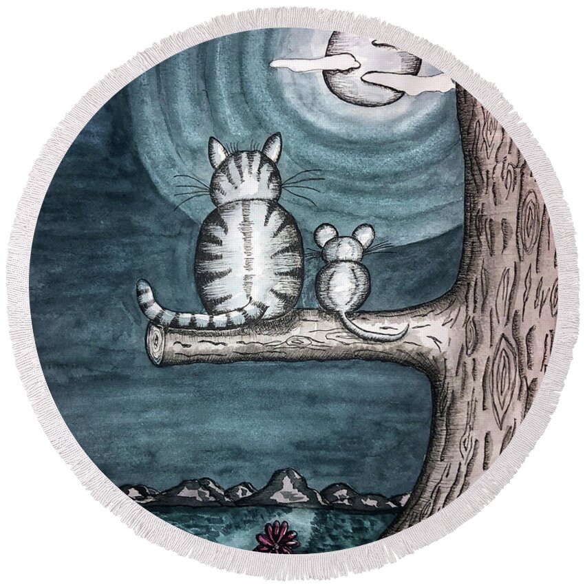 Landscape Round Beach Towel featuring the painting Moonlight Cat and Mouse by Christina Wedberg