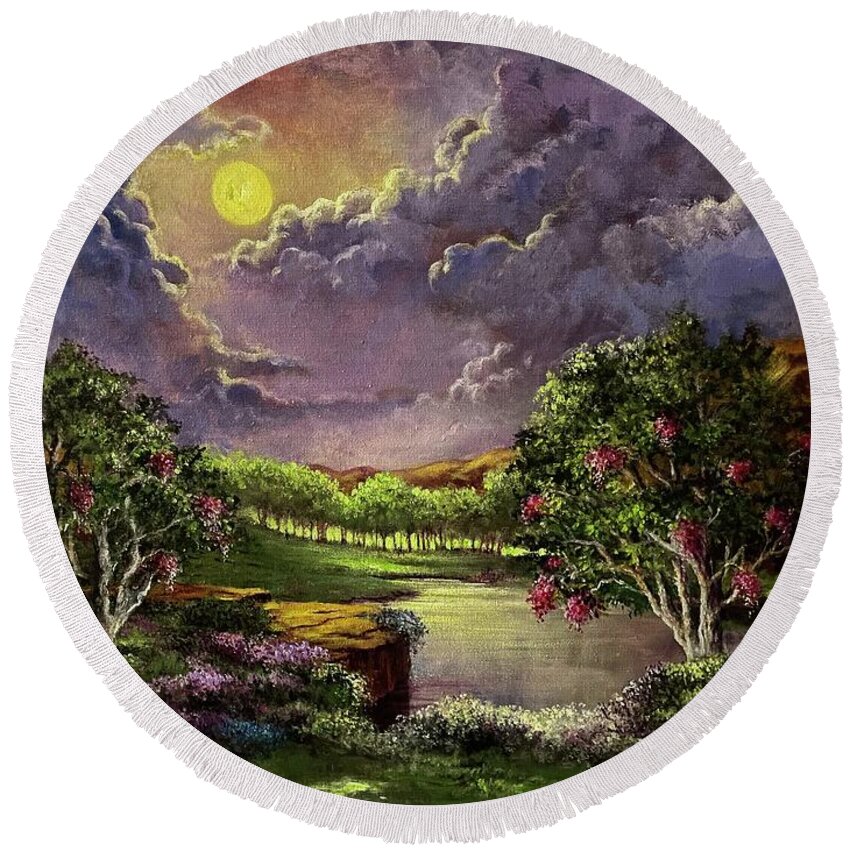 Moonlight Round Beach Towel featuring the painting Moonlight in the Woods by Rand Burns