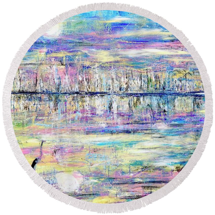 Harvest Moon Round Beach Towel featuring the painting Moonlight - Midnight Stroll- Abstract landscape by Patty Donoghue