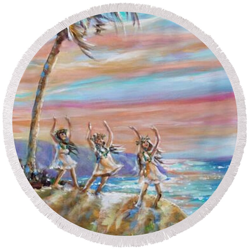 Ocean Round Beach Towel featuring the painting Moonlight Salutation by Linda Olsen