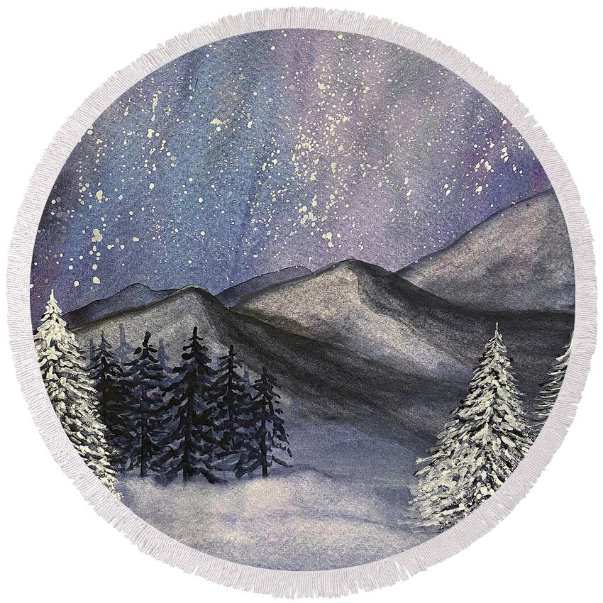 Mountains Round Beach Towel featuring the painting Moonlit Mountains by Lisa Neuman
