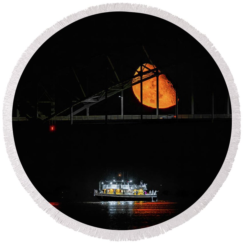 Bridge Round Beach Towel featuring the photograph Moonrise Over Fire Island Inlet by Sean Mills