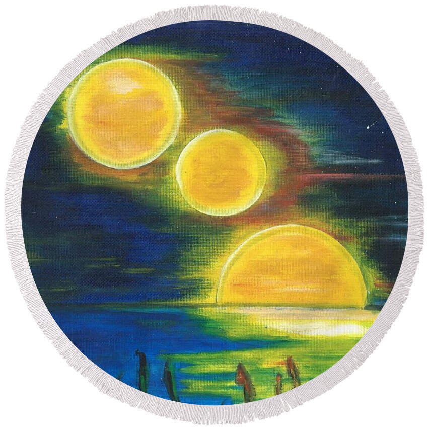Night Sky Round Beach Towel featuring the painting Moons Alighting by Esoteric Gardens KN