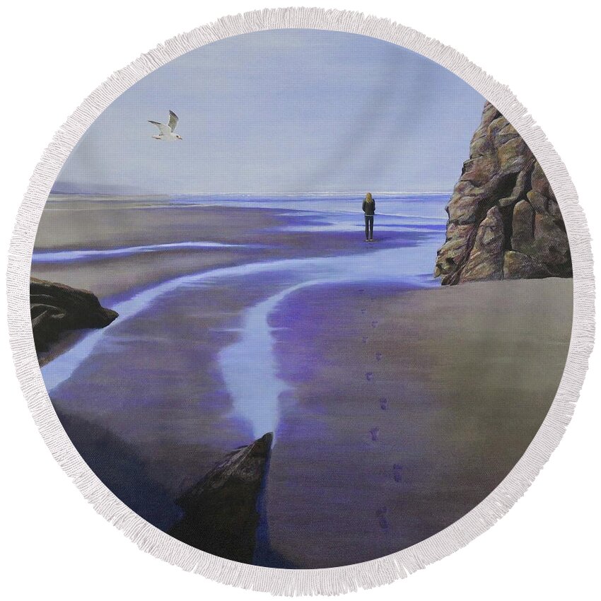 Kim Mcclinton Round Beach Towel featuring the painting Low Tide on Moonstone Beach by Kim McClinton