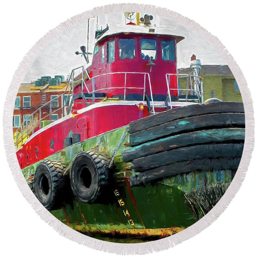 Tugboat Round Beach Towel featuring the digital art Moran Tug Up Close by Deb Bryce