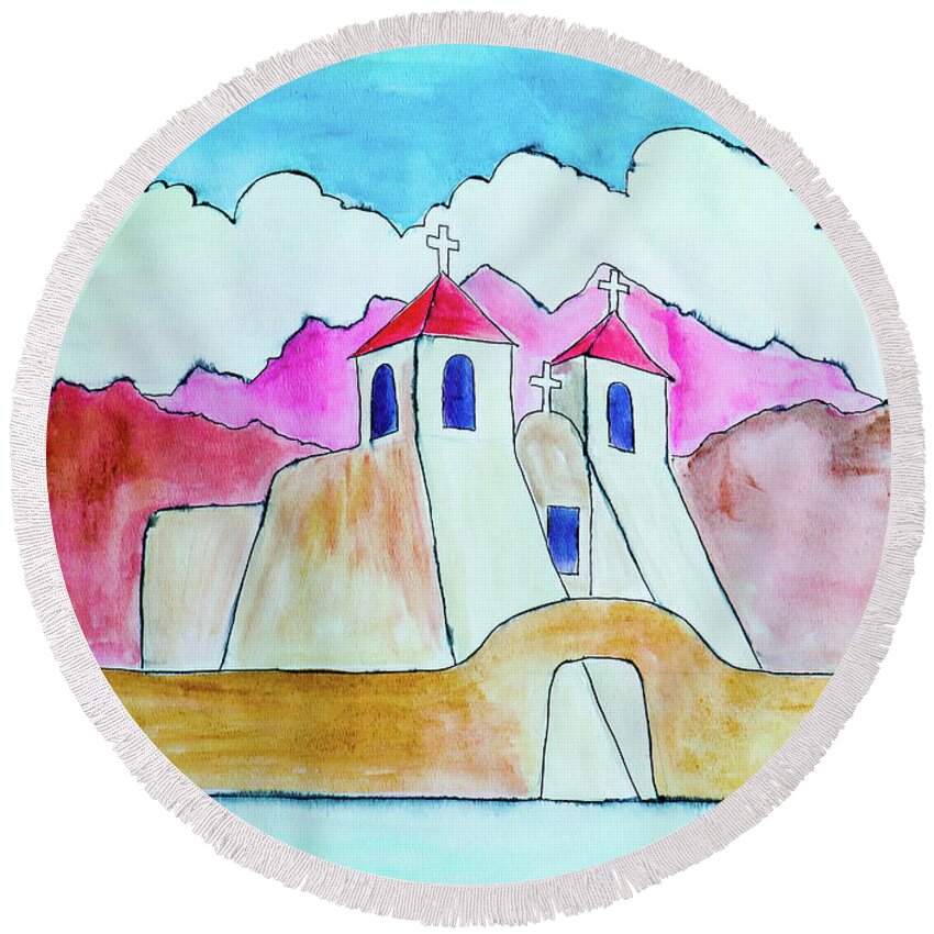 New Mexico Round Beach Towel featuring the painting More Taos Church by Ted Clifton