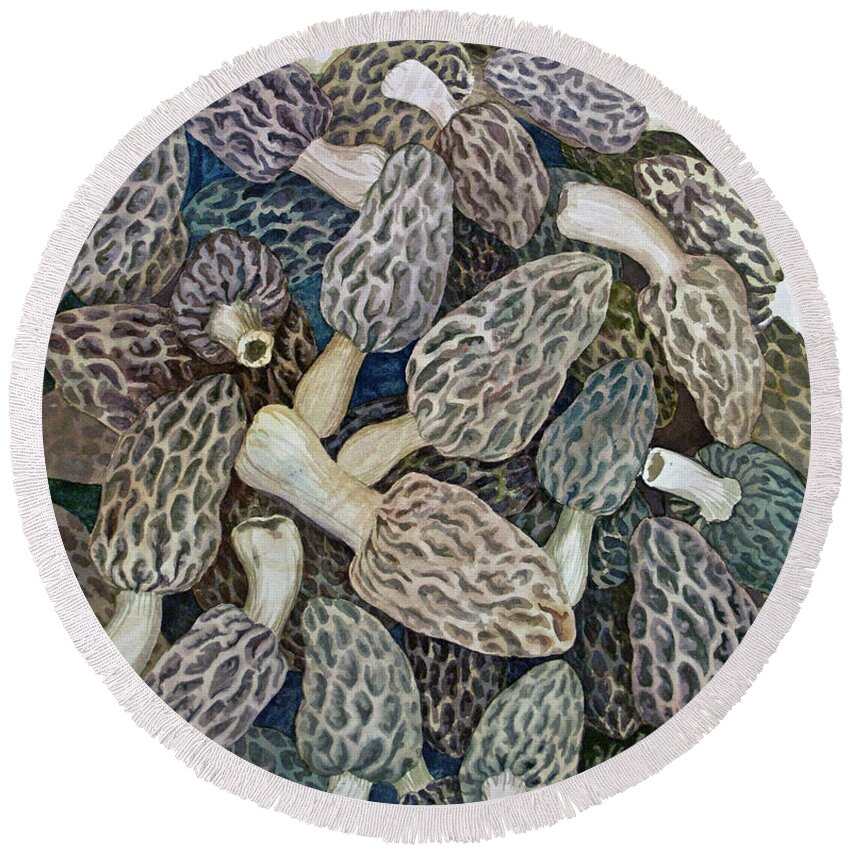 Morels Round Beach Towel featuring the painting Morel Dilemma II by Helen Klebesadel