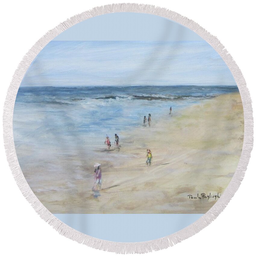 Painting Round Beach Towel featuring the painting Morning Beach Crowd by Paula Pagliughi