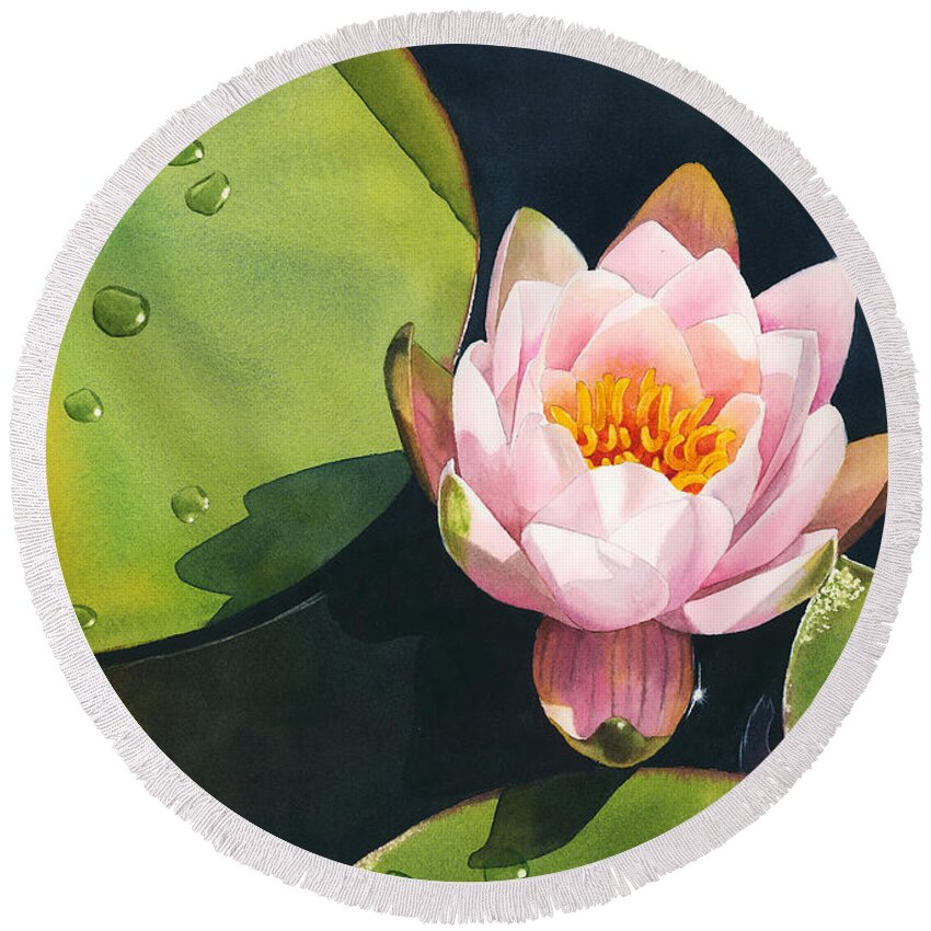 Water Lily Round Beach Towel featuring the painting Morning Bliss by Espero Art