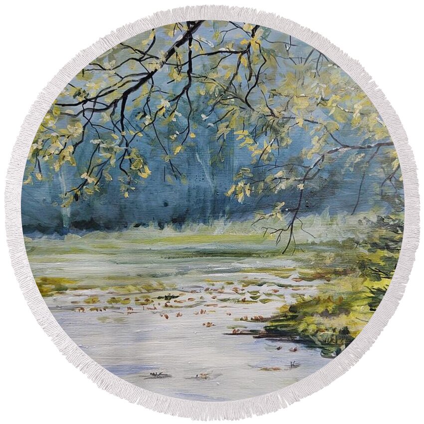 Landscape Round Beach Towel featuring the painting Morning Blue by William Brody