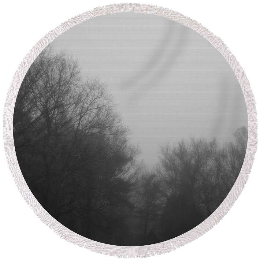 Nataure Round Beach Towel featuring the photograph Morning Fog at the Cabin by Frank J Casella