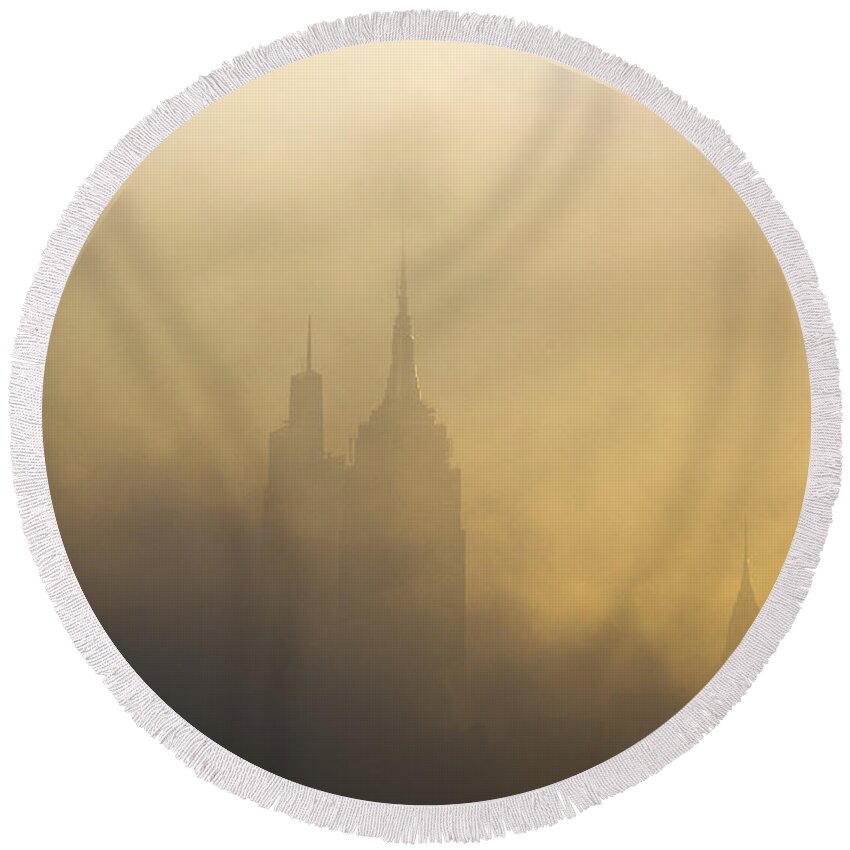 Nyc Round Beach Towel featuring the photograph Morning Fog over NYC by Alina Oswald