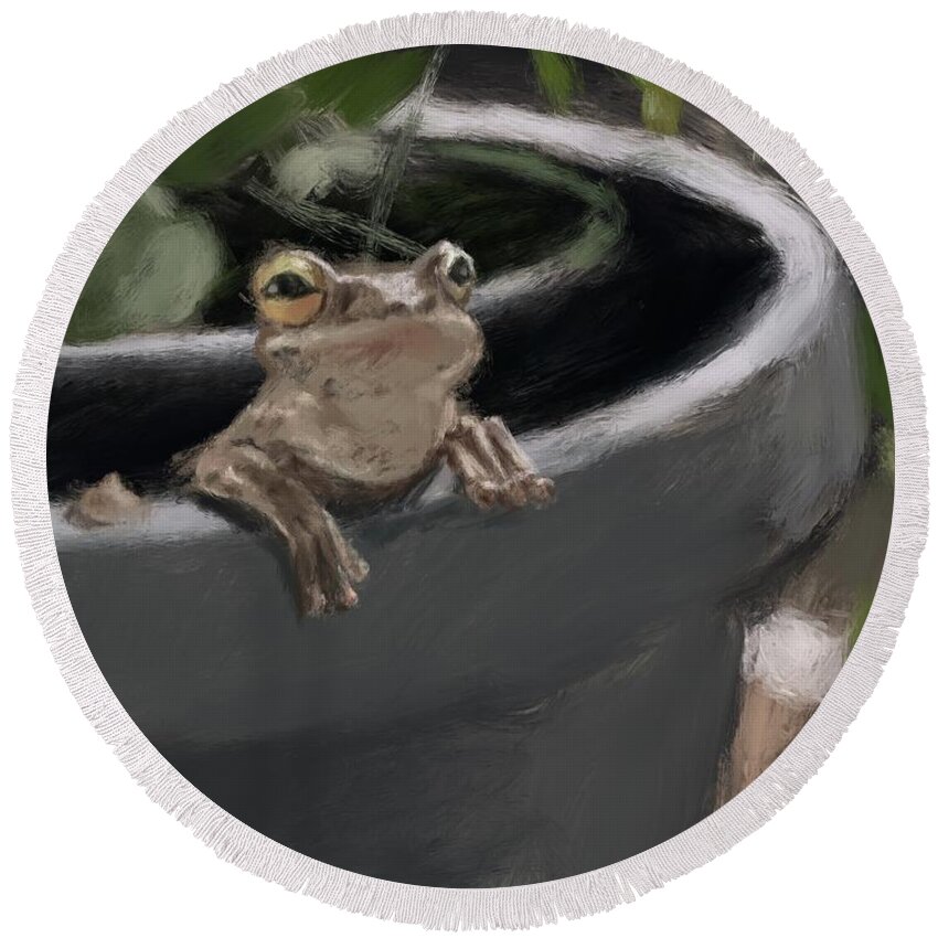 Frog Round Beach Towel featuring the digital art Morning Frog by Larry Whitler