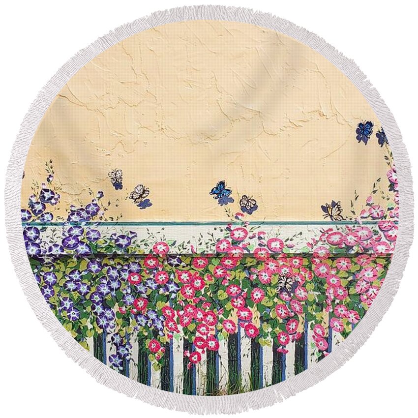 Mural Round Beach Towel featuring the painting Morning Glories and Butterflies, II by Merana Cadorette