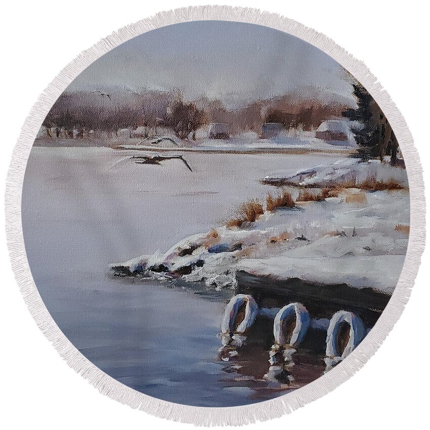 Landscape Round Beach Towel featuring the painting Morning Harbour by Sheila Romard