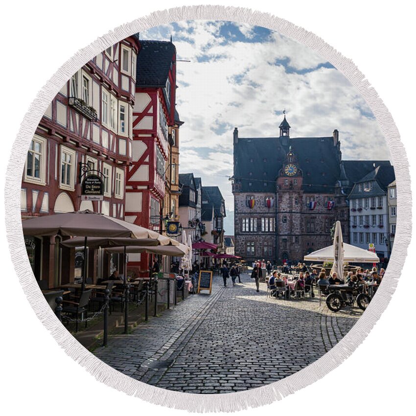 Marburg Round Beach Towel featuring the photograph Morning in Marburgt Old City by Eva Lechner