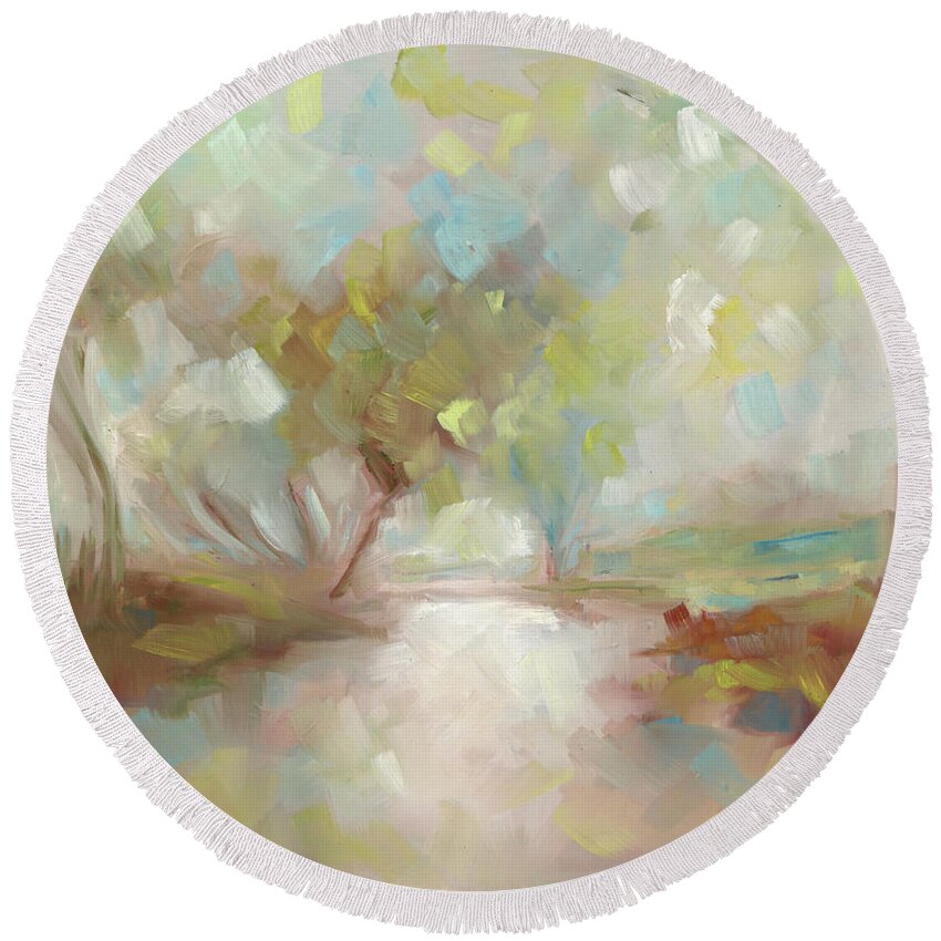 Landscape Round Beach Towel featuring the painting Morning in Richmond Park by Roger Clarke