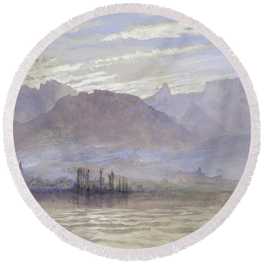 John Ruskin Round Beach Towel featuring the painting Morning in Spring, with northeast Wind, at Vevey, by John Ruskin