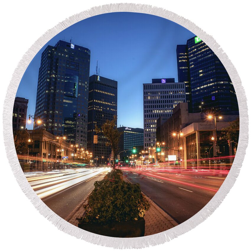 Winnipeg Round Beach Towel featuring the photograph Morning rush in downtown Winnipeg by Jay Smith