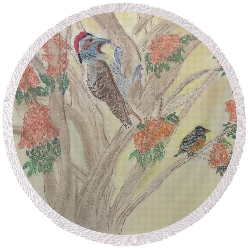 Woodpecker Round Beach Towel featuring the pastel Morning Sounds by Suzanne Berthier