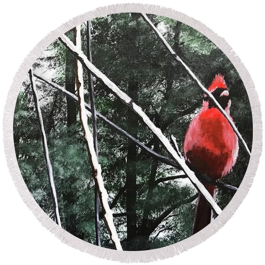Cardinal Round Beach Towel featuring the painting Morning Visitor by Boots Quimby
