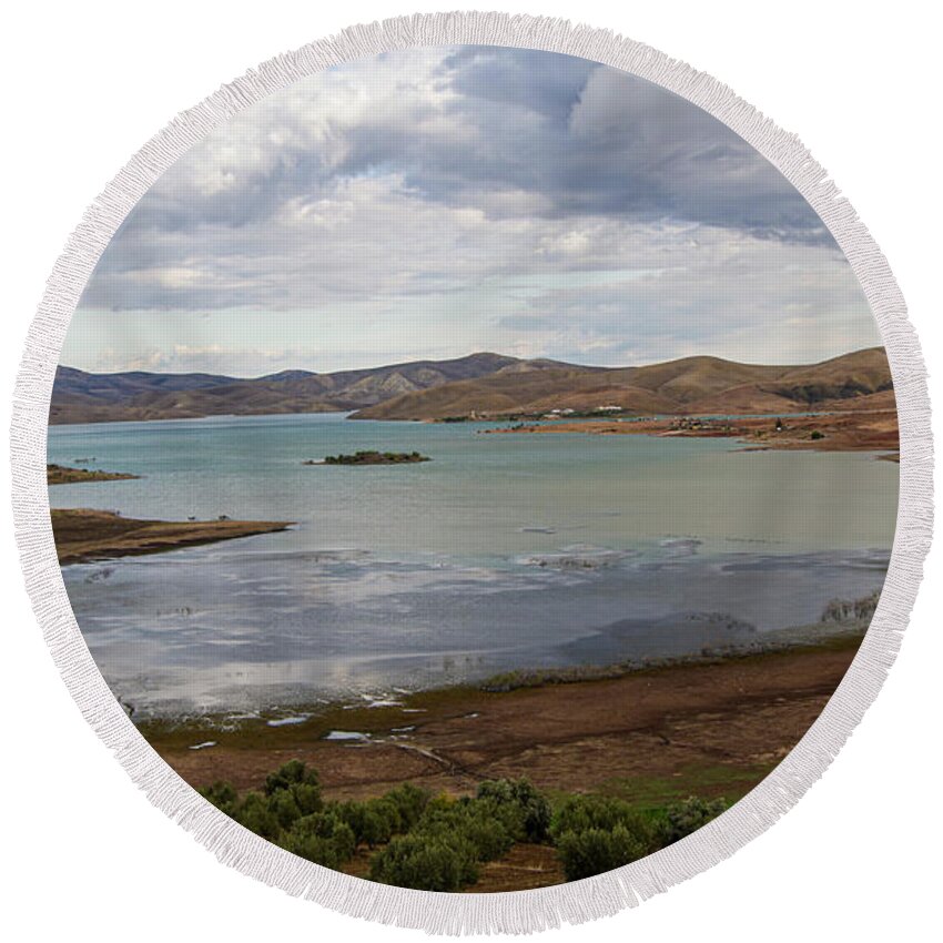 Morocco Round Beach Towel featuring the photograph Moroccan Lake and Mountains by Edward Shmunes