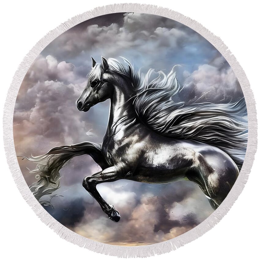 Digital Horse Silver Morphing Round Beach Towel featuring the digital art Morphing by Beverly Read