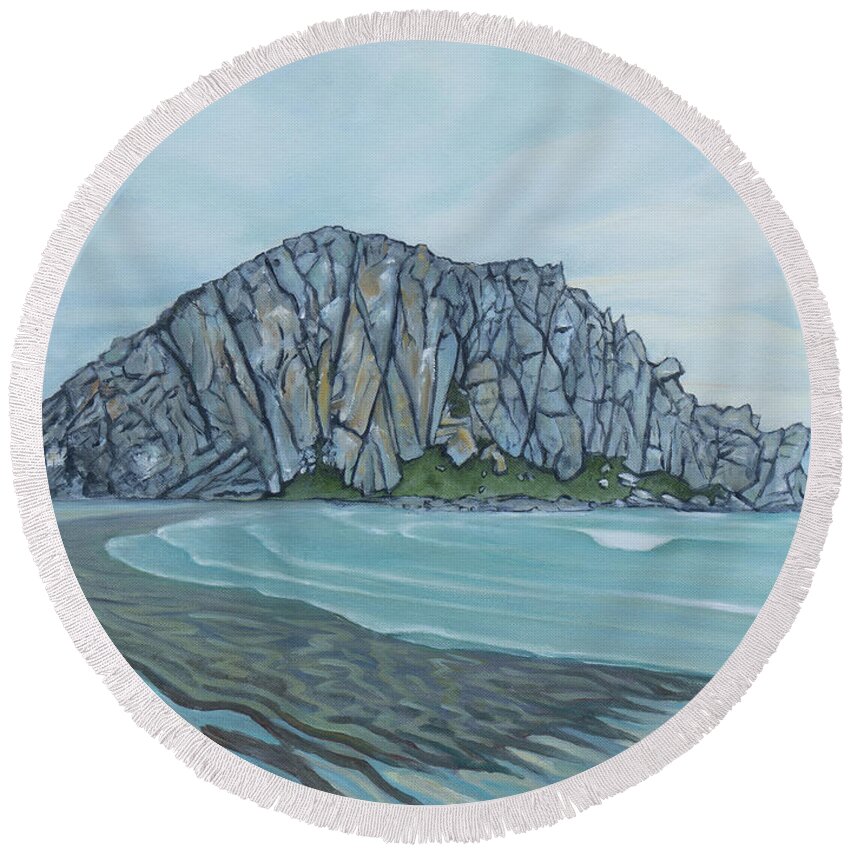 Morro Rock Round Beach Towel featuring the painting Morro Rock by Whitney Palmer