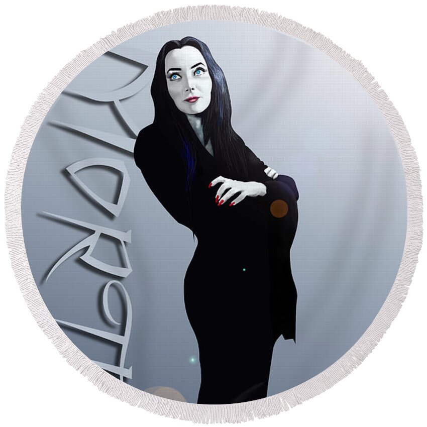 Morticia Round Beach Towel featuring the digital art Morticia by Doug Schramm